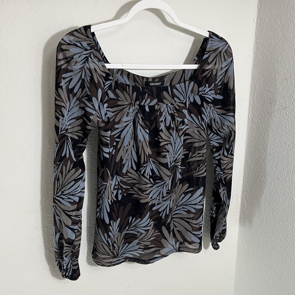 Karen Kane Top Women's S Sheer Floral Mesh Long Sleeve Brown Blue Stretch